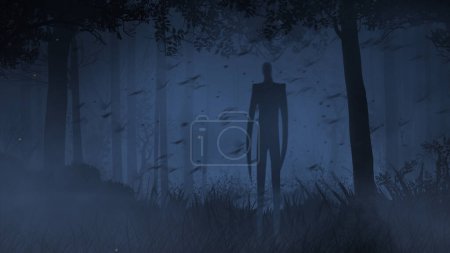 Slender Creature in Foggy Forest with Bats features a dark forest with a slenderman creature with bats flying.