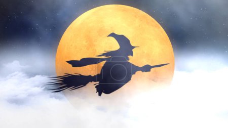 Téléchargez les photos : Silhouette de sorcière Flying Broom Past Orange Moon présente la silhouette d'une sorcière volant sur son balai devant une pleine lune orange avec des nuages. - en image libre de droit