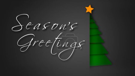 Photo for Unfolding Green Paper Seasons Greetings Tree features a gray envelope background with paper pieces folded into a green Christmas tree with a hand-written Seasons Greetings message, not A.I. generated. - Royalty Free Image