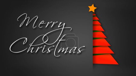 Téléchargez les photos : Papier rouge dépliant L'arbre de Noël joyeux présente un fond d'enveloppe gris avec des morceaux de papier pliés dans un arbre de Noël rouge avec un message de Noël joyeux écrit à la main, pas A.I. générée. - en image libre de droit