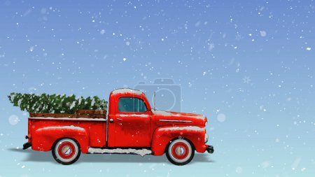 Foto de Vintage camión rojo que transporta el árbol de Navidad con nieve cuenta con un camión rojo vintage cubierto de nieve con un árbol de Navidad en la parte posterior contra un fondo azul degradado, no I.A. generados. - Imagen libre de derechos