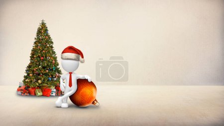 Photo for White Figure Leaning on Christmas Ornament features a white 3d figure in a Santa hat leaning on a Christmas ornament in a bare white room ready for your message, Not A.I. generated. - Royalty Free Image