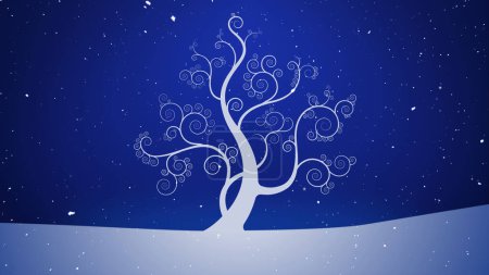 Foto de Winter White Tree Sparkling Snowy Sky presenta un árbol blanco que crece en un paisaje de invierno con estrellas brillantes en el fondo y nieve cayendo, no I.A. generados. - Imagen libre de derechos