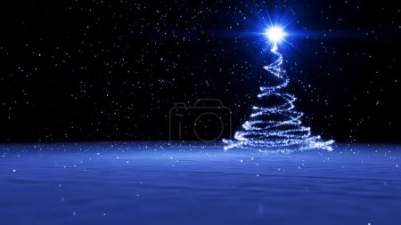 Téléchargez les photos : Arbre de Noël à particules bleues Arrière-plan comporte un arbre de Noël à particules avec une étoile brillante sur le dessus dans un champ neigeux et un ciel noir avec des étoiles, Pas A.I. générée - en image libre de droit