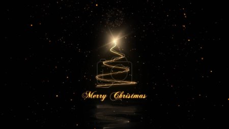 Photo for Elegant Golden Merry Christmas Tree with Sparkles features a golden spiral Christmas Tree with a star, glitter, and fireworks on a black background, Not A.I. generated. - Royalty Free Image