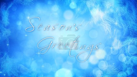 Photo for Frosting Window Seasons Greetings features a blue background with lights and particles and frost appearing at the edges with a hand-written Seasons Greetings message, Not A.I. generated. - Royalty Free Image