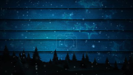 Téléchargez les photos : Scène de Noël sur le parement en bois de grange présente une silhouette de pinède avec des étoiles et de la neige tombant sur un arrière-plan de bois de grange à l'ancienne, Pas A.I. générée. - en image libre de droit