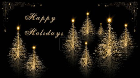 Foto de Gold Happy Holidays Trees Antecedentes árboles de Navidad dorados con estrellas brillantes en una superficie reflectante negra con un mensaje de texto Happy Holidays, Not A.I. generados. - Imagen libre de derechos