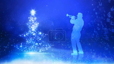 Foto de El fondo azul del músico del árbol de Navidad presenta una atmósfera azul con un árbol de Navidad de partículas y la silueta de un hombre tocando un cuerno con partículas y notas musicales en el aire, no I.A. generados. - Imagen libre de derechos