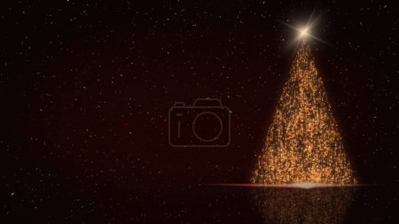 Foto de Golden Christmas Tree Particles Dark Red with Snow presenta una atmósfera de color rojo oscuro y una superficie reflectante con un árbol de Navidad de partículas doradas con una estrella brillante en la parte superior y nieve que cae lista para su mensaje personal, no I.A. generados. - Imagen libre de derechos