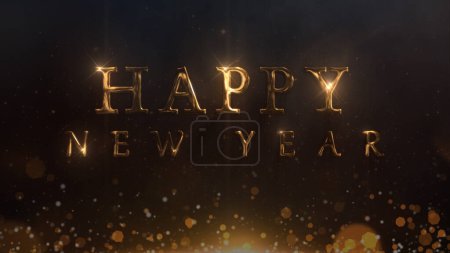 Foto de Golden Metallic Feliz Año Nuevo presenta partículas de oro en aumento y un mensaje de Feliz Año Nuevo sobre un fondo negro, no A.I. generados. - Imagen libre de derechos