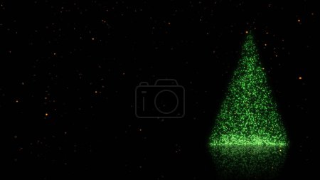 Foto de Árbol de chispas verde con nieve dorada Feliz Navidad cuenta con una atmósfera negra y una superficie reflectante con un árbol de Navidad de partículas verdes y nieve dorada o brillo que cae listo para su mensaje personal, no I.A. generados. - Imagen libre de derechos