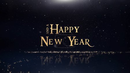 Foto de Happy New Year Glitter Trail cuenta con texto de Feliz Año Nuevo en fuente festiva de oro sobre un fondo negro con nieve como partículas que caen y se acumulan en la superficie, no I.A. generados. - Imagen libre de derechos