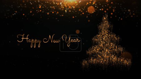 Foto de Happy New Year Gold on Black presenta un ambiente negro elegante con luces amarillas y doradas y un árbol de Navidad de partículas y un mensaje escrito a mano de Happy New Year, Not A.I. generados - Imagen libre de derechos