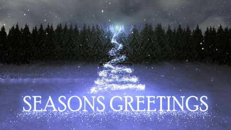 Téléchargez les photos : Arbre à particules magique de Noël avec forêt de pins comporte un message de salutations de saison sur un arbre de Noël particule sur la glace avec de la neige et une forêt de pins en arrière-plan, Pas A.I. générée. - en image libre de droit