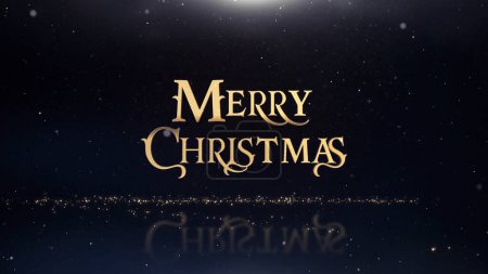Frohe Weihnachten Glitter Trail zeigt Frohe Weihnachten Text in goldener festlicher Schrift vor schwarzem Hintergrund mit Schnee wie Teilchen fallen und sammeln sich auf der Oberfläche, nicht A.I. erzeugt.