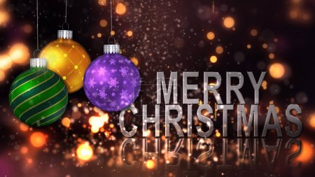 Photo for Merry Christmas Ornament Celebration features particles and glitter falling on a surface with metallic words saying Merry Christmas and round ornaments spinning and swinging, Not A.I. generated. - Royalty Free Image