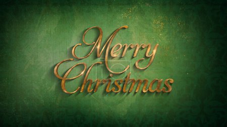 Photo for Merry Christmas in Gold with Particles Background features Merry Christmas in Gold lettering on a green paper background with gold particles floating away, Not A.I. generated. - Royalty Free Image