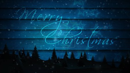 Photo for Merry Christmas on Barn Wood Siding features a pine forest silhouette with stars and snow falling against an old-fashioned barn wood background with a Merry Christmas message, Not A.I. generated. - Royalty Free Image
