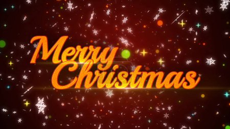 Photo for Merry Christmas Snowflake Particles features Merry Christmas text in a yellow font on a dark red gradient background with snowflakes and confetti particles falling, Not A.I. generated. - Royalty Free Image