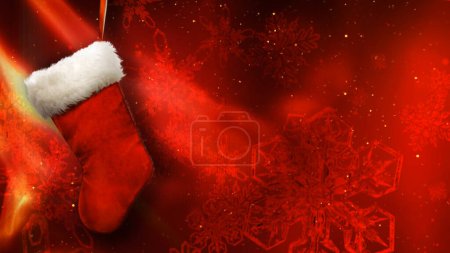 Photo for Merry Christmas Stocking on Red with Golden Flakes features a red cloth and a hanging stocking and gold glitter with large snowflakes falling and a hand-written Merry Christmas message, Not A.I. generated. - Royalty Free Image
