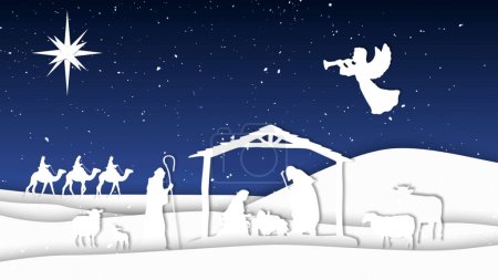 Nativity Paper Cut Outs Silhouettes features a nativity scene made from paper cut-outs with animals, manger, three wise men, angel and star against a blue sky with snowflakes, Not A.I. generated.