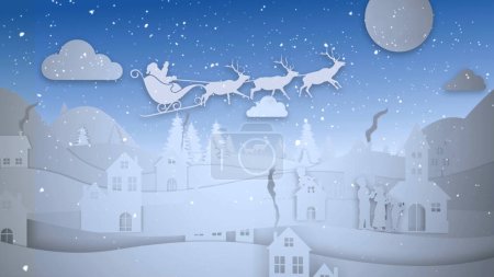 Foto de Paper Cut Out Merry Christmas presenta una ciudad de papel recortado siluetas con Santa volando a través de la luna y un mensaje de Feliz Navidad, No A.I. generados. - Imagen libre de derechos