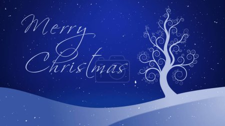 Foto de Feliz Navidad Invierno White Tree presenta un árbol blanco que crece de un paisaje de invierno con estrellas brillantes en el fondo y nieve cayendo con un mensaje de Feliz Navidad escrito a mano, No A.I. generados. - Imagen libre de derechos