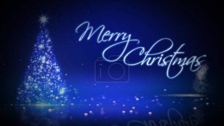 Foto de Árbol de Navidad de partículas Feliz Navidad cuenta con nieve cayendo en una atmósfera azul con un árbol de Navidad de partículas en una superficie reflectante y un mensaje de Feliz Navidad escrito a mano, no A.I. generados. - Imagen libre de derechos