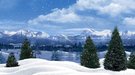 Photo for Pine Trees and Snow Capped Mountains in the Snow features a mountain scene with pine trees, clouds, and falling snow, Not A.I. generated. - Royalty Free Image