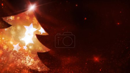 Téléchargez les photos : Red Sparkling Star Filled Tree Background dispose d'une atmosphère rouge étincelante pleine de particules avec un masque d'arbre de Noël plein d'étoiles prêtes pour votre message de vacances, Pas A.I. générée. - en image libre de droit