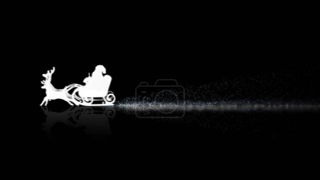 Photo for Santa on Black Reflection with Snow Trail features a white silhouette of Santa on a sled with reindeer on a black reflective surface with a trail of sparks, Not A.I. generated. - Royalty Free Image