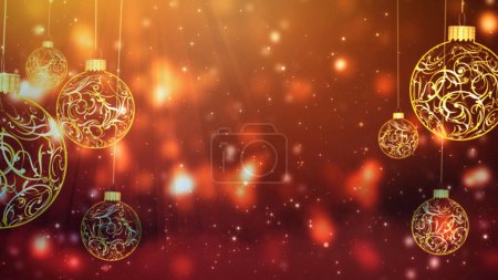 Foto de Seasons Greetings Swinging Ornaments in Gold presenta adornos de Navidad balanceándose de oro contra un fondo de partículas atmosféricas rojas con un mensaje Seasons Greetings, NO A.I. generados. - Imagen libre de derechos