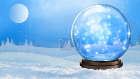 Téléchargez les photos : Globe de neige avec lumières lumineuses Scène d'hiver dispose d'un globe de neige rempli de lumières lumineuses assis dans la neige et la neige tombant avec des pins et une pleine lune en arrière-plan, pas A.I. générée. - en image libre de droit