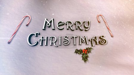 Photo for Snowy White Merry Christmas Background features the words Merry Christmas in a 3d font in the snow with candy canes and holly, not A.I. generated. - Royalty Free Image