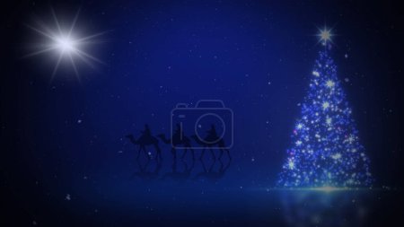 Photo for Three Wise Men Christmas Tree Sparkle features a particle sparkling Christmas tree on a blue surface with a silhouette of three wise men riding camels in the background and a star in the sky, not A.I. generated. - Royalty Free Image