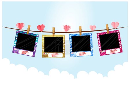 Illustration for Valentine background, love, love couple, Horizontal banner with blue sky and paper cut clouds and hearts. Place for text, photo frame, Rose cloudscape border pastel color frame. - Royalty Free Image