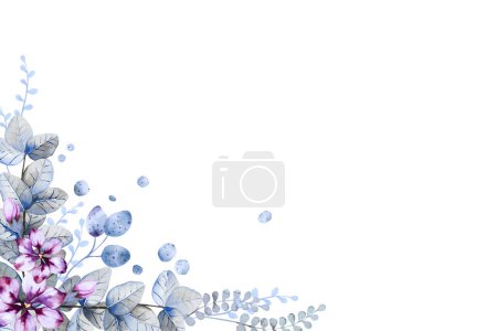 Corner frame of fantasy purple flowers, blue and green leaves and herbs on a white background. Hand drawn watercolor illustration. Copy space.