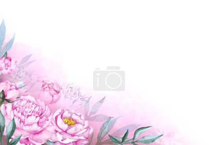 Corner frame of beautiful pink peony flowers with green leaves and pink fog isolated on white background. Hand drawn watercolor illustration. Copy space.
