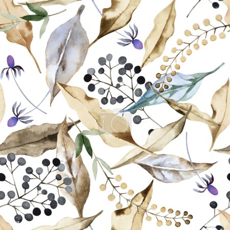 Photo for Beautiful seamless floral pattern of blue, beige and brown autumn leaves, plants and herbs on white background. Hand drawn watercolor illustration. - Royalty Free Image