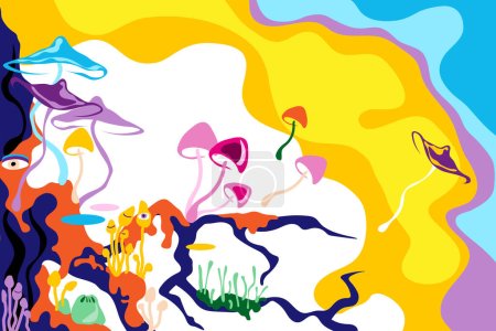Ilustración de Different fantasy psychedelic colorful mushrooms with eyes on multi-colored background. Vector flat illustration. - Imagen libre de derechos