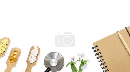 Top View of Holistic Health Essentials on White Background