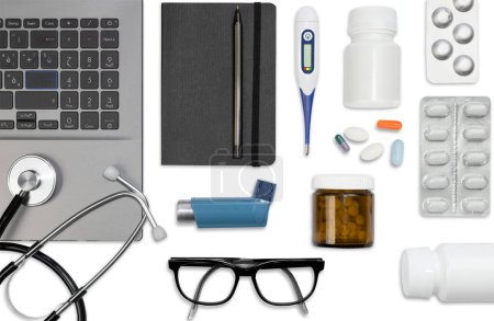 Flat Lay of Medical Essentials on White Background