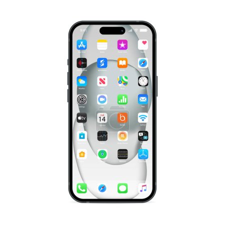 Illustration for IOS 16 icons on Apple iPhone 15 screen. Apple interface. Popular apps. Apple ID, Swift UI, Apple Store, Widgets, Podcasts, iTunes, iBooks, Apple TV, Clock, Wallet, Maps. Kyiv, Ukr - Oct 16, 2023 - Royalty Free Image