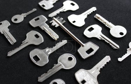 Variety types of metal keys laid out in order isolated on black angle view