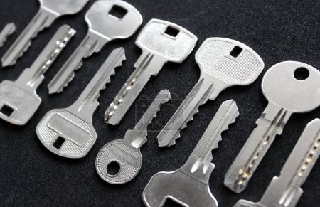 Foto de Claves de metal con variedad de tipos de cuchilla en filas sobre fondo negro - Imagen libre de derechos