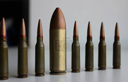 Foto de Foto de primer plano de la misma munición y enormes balas en una línea. Imagen metafórica que simboliza la diversidad - Imagen libre de derechos