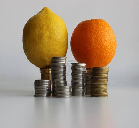 Téléchargez les photos : Colonnes de pièces devant les fruits au citron et à l'orange comme illustration du coût des fruits de saison - en image libre de droit