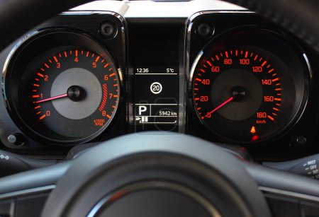 Instrument Cluster On A Dashboard Indicates Zero Speed And Minimum Engine Revolutions While Car Staying  