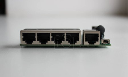 Photo for Ethernet ports for connecting network cables on the opened network switch panel - Royalty Free Image
